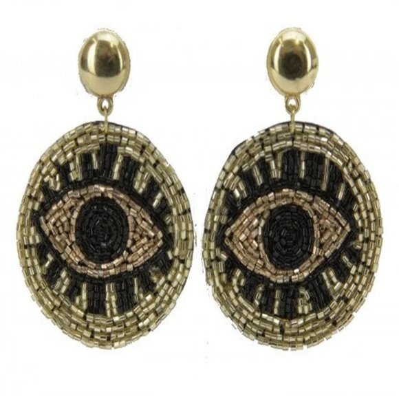 Black and Gold Seed Bead Evil Eye Post Earrings~Black and Gold Earrings - Picture 1 of 2